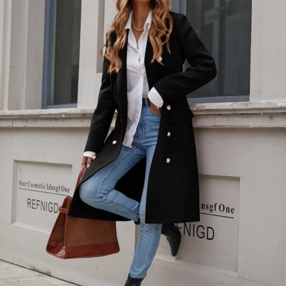 Classic Black Button up Long Jacket Coat - Picture 2 of 5